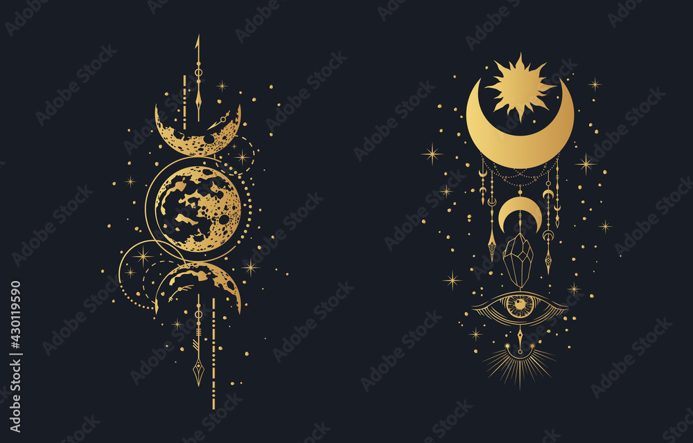 Golden Geometric celestial moon prints set. Mystical gold lunar tattoos ...