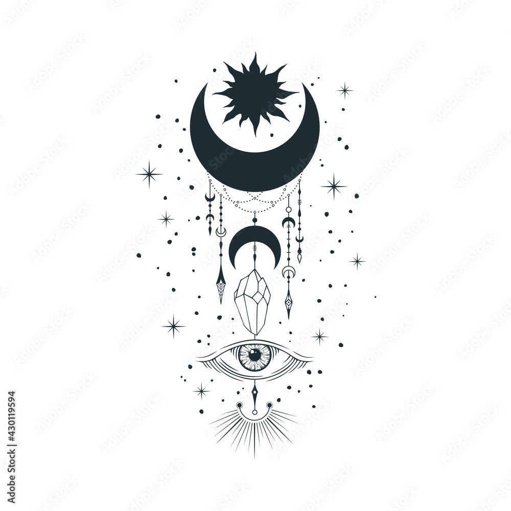 Esoteric moon poster. Mystic spiritual tattoo in boho style