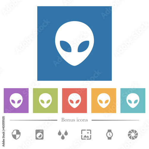 Alien head flat white icons in square backgrounds
