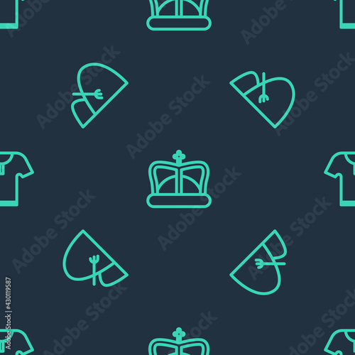 Set line King crown, Bale of hay and rake and Body armor on seamless pattern. Vector