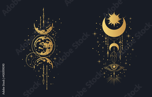 Golden Geometric celestial moon prints set. Mystical gold lunar tattoos. Spiritual space poster.