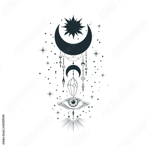 Esoteric moon poster. Mystic spiritual tattoo in boho style. Celestial print.