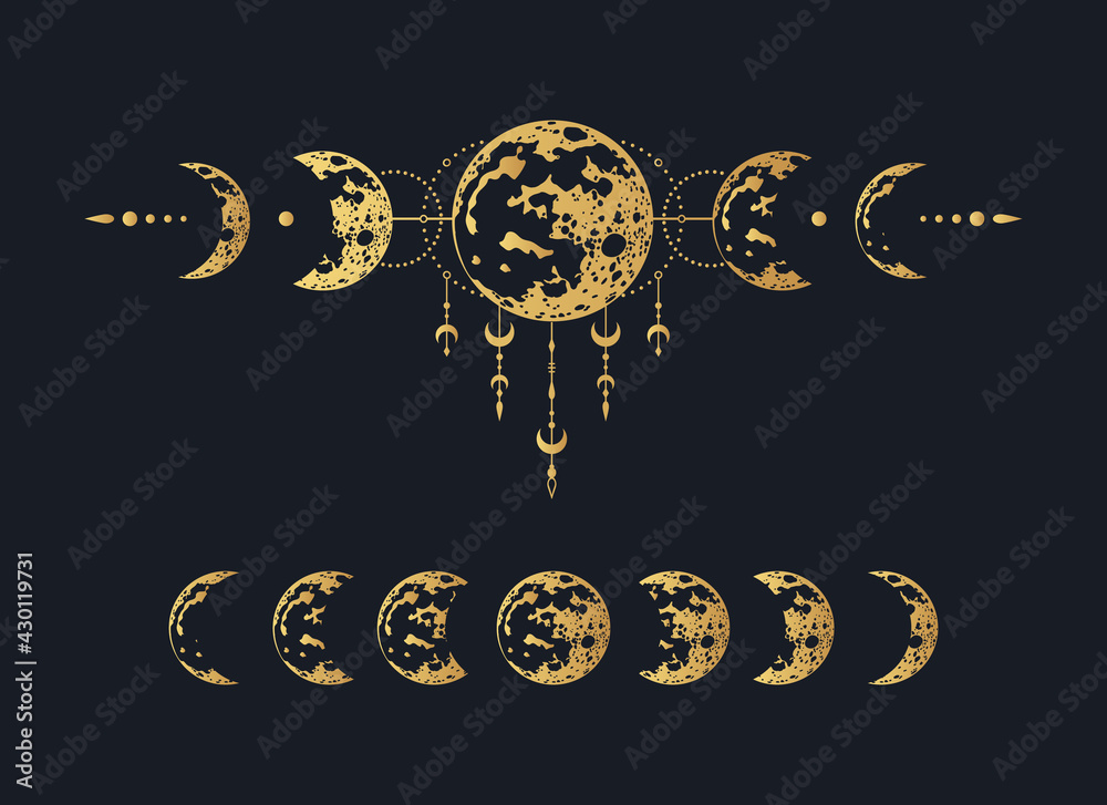 Golden Celestial moon print. Mystical gold lunar phase tattoo. Spiritual space illustration.