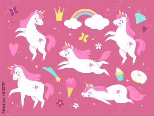 Cute unicorns. Pink beautiful magic pony characters, little girl decorative animals and items, sweets, flowers and rainbow, fairytale adorable horses. Vector cartoon flat isolated set