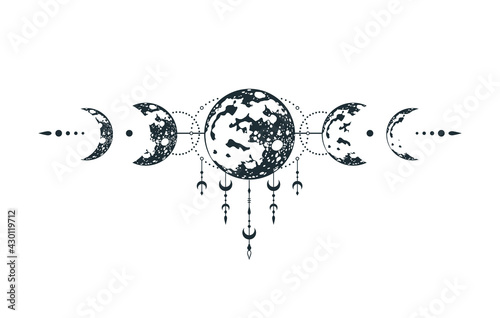 Celestial moon illustration. Mystical lunar phase tattoo. Spiritual space print.