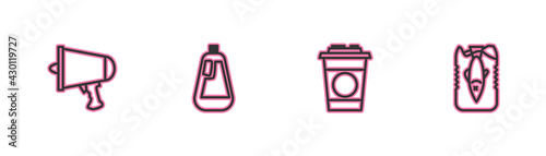 Set line Spread the word, megaphone, Paper glass, Bottle for dishwashing liquid and Stop ocean plastic pollution icon. Vector