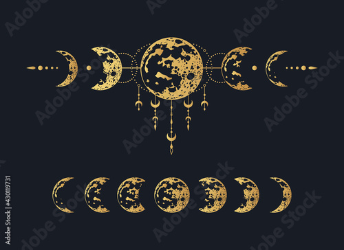 Golden Celestial moon print. Mystical gold lunar phase tattoo. Spiritual space illustration.
