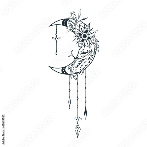 Celestial floral moon print. Spiritual lunar tattoo with flowers. Mystical boho poster.