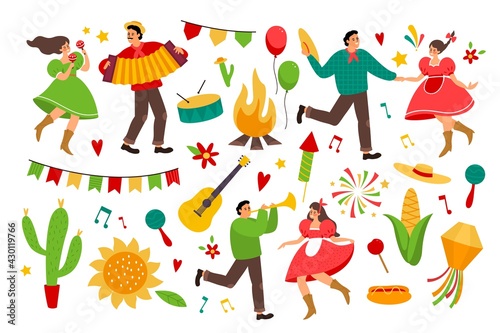 Festa junina. Folklore latin america holiday collection, festive bright colorful items, farmers party decor, music and man and woman dancers with traditional costume vector cartoon set