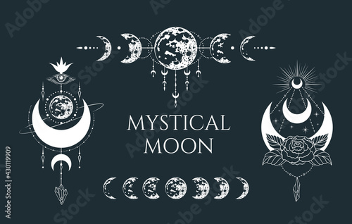 Set of celestial half moon illustrations. Mystical lunar phase tattoo. Spiritual esoteric prints.