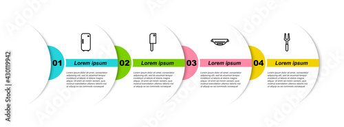 Set line Refrigerator, Meat chopper, Kitchen colander and Barbecue fork. Business infographic template. Vector