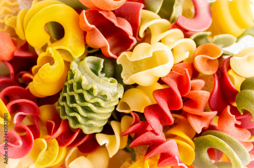 Assorted different types of pasta. Grocery food background top view