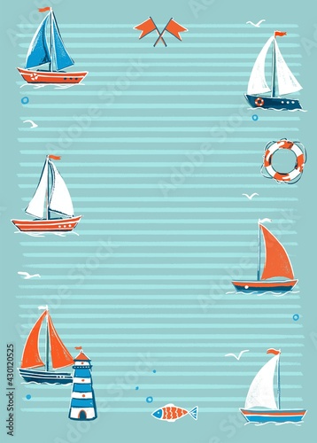 Vertical banner. An illustration on a nautical theme. White sailboat on a strip of water with marine fauna.