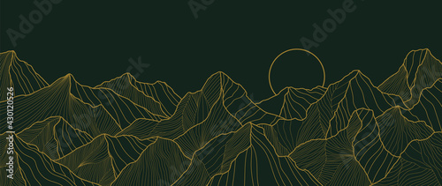 landscape wallpaper design with Golden mountain line arts, luxury background design for cover, invitation background, packaging design, fabric, and print. Vector illustration.