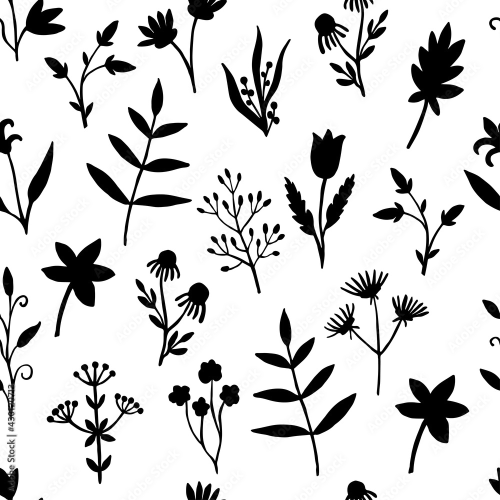 Seamless pattern of wild herbs and plants isolated on white background. The botanical elements are hand drawn in black ink. Flowers, leaves, twigs, buds. Design for fabric, textile, print.