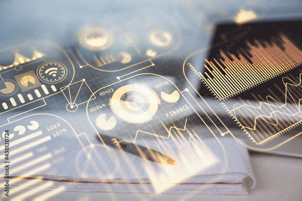 Double exposure of tech drawing and desk with open notebook background. Concept of technology Double exposure of tech drawing and desk with open notebook background. Concept of technology