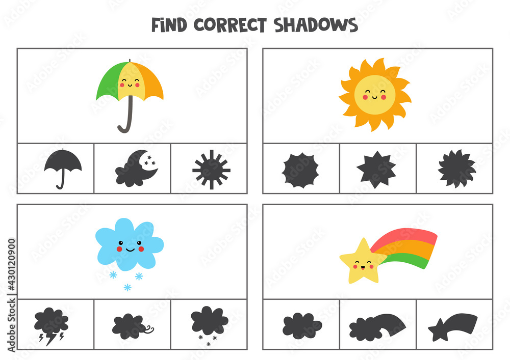 Find correct shadow of cute kawaii weather events. Printable clip card games for children. Find correct shadow of cute kawaii weather events. Printable clip card games for children.