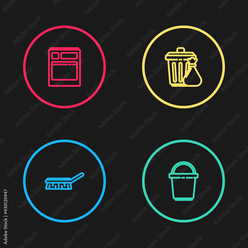 Set line Brush for cleaning, Bucket, Trash can and garbage bag and Kitchen dishwasher machine icon. Vector Set line Brush for cleaning, Bucket, Trash can and garbage bag and Kitchen dishwasher machine icon. Vector