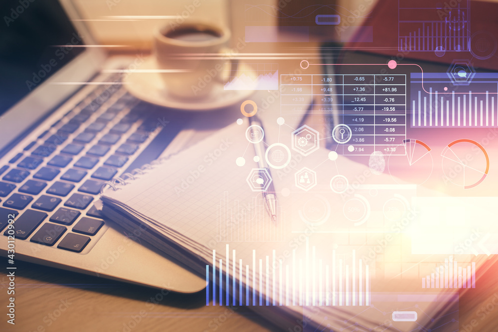 Multi exposure of technology theme drawing and desktop with coffee and items on table background. Concept of data research. Multi exposure of technology theme drawing and desktop with coffee and items on table background. Concept of data research.