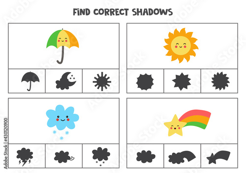 Find correct shadow of cute kawaii weather events. Printable clip card games for children.