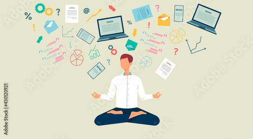 Businessman meditating to distract from information flow, vector illustration.