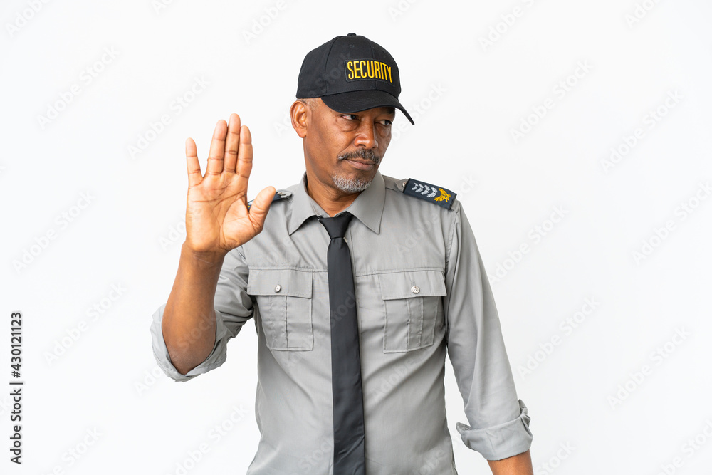 Senior staff man isolated on white background making stop gesture and disappointed Senior staff man isolated on white background making stop gesture and disappointed