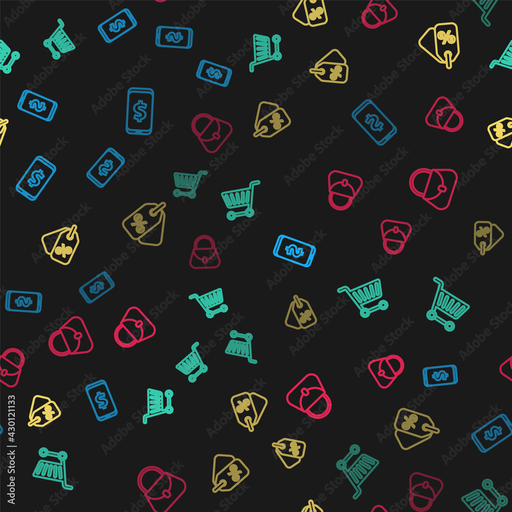 Set line Smartphone with dollar, Shopping cart, Discount percent tag and Handbag on seamless pattern. Vector Set line Smartphone with dollar, Shopping cart, Discount percent tag and Handbag on seamless pattern. Vector