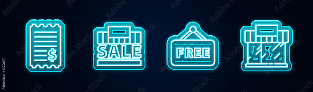 Set line Paper check and financial check, Shopping building sale, Price tag with text Free and or market store. Glowing neon icon. Vector Set line Paper check and financial check, Shopping building sale, Price tag with text Free and or market store. Glowing neon icon. Vector
