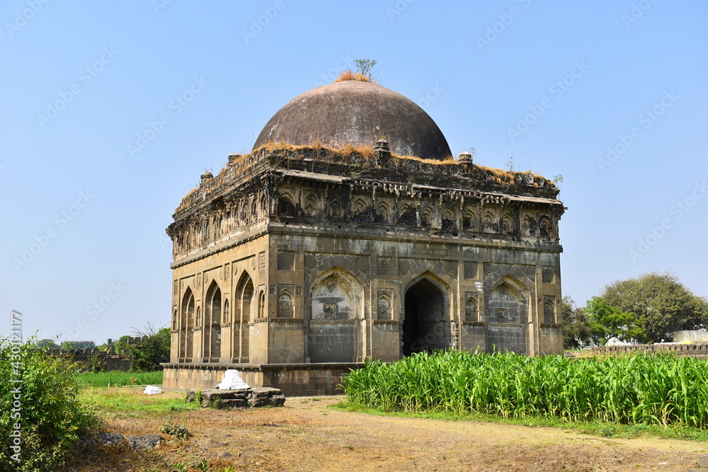 General view facade Ahmed Nizam Shah tomb at Bagh Rauza.Built by King Nizami in the 16th century. Ahmednagar, Maharashtra, India.