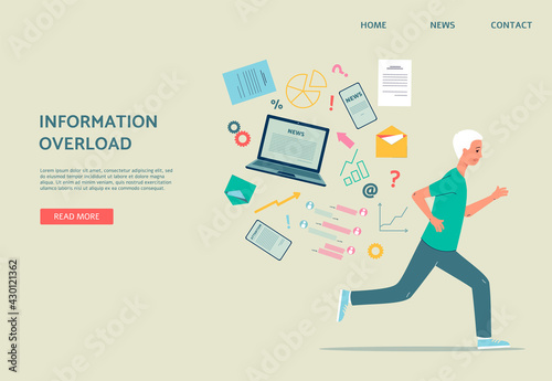 Information overload stress problem - cartoon man running away