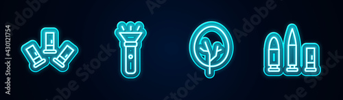 Set line Cartridges, Flashlight, Tree and Bullet and cartridge. Glowing neon icon. Vector