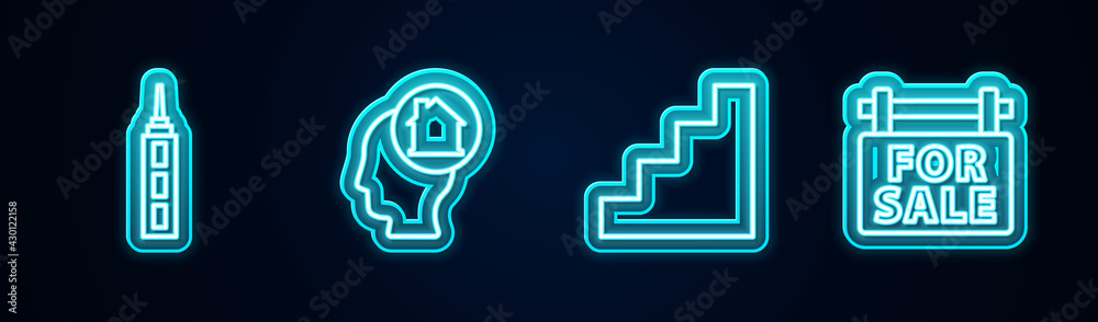 Set line Skyscraper, Man dreaming about buying house, Staircase and Hanging sign with For Sale. Glowing neon icon. Vector Set line Skyscraper, Man dreaming about buying house, Staircase and Hanging sign with For Sale. Glowing neon icon. Vector