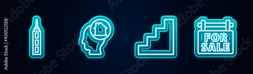 Set line Skyscraper, Man dreaming about buying house, Staircase and Hanging sign with For Sale. Glowing neon icon. Vector