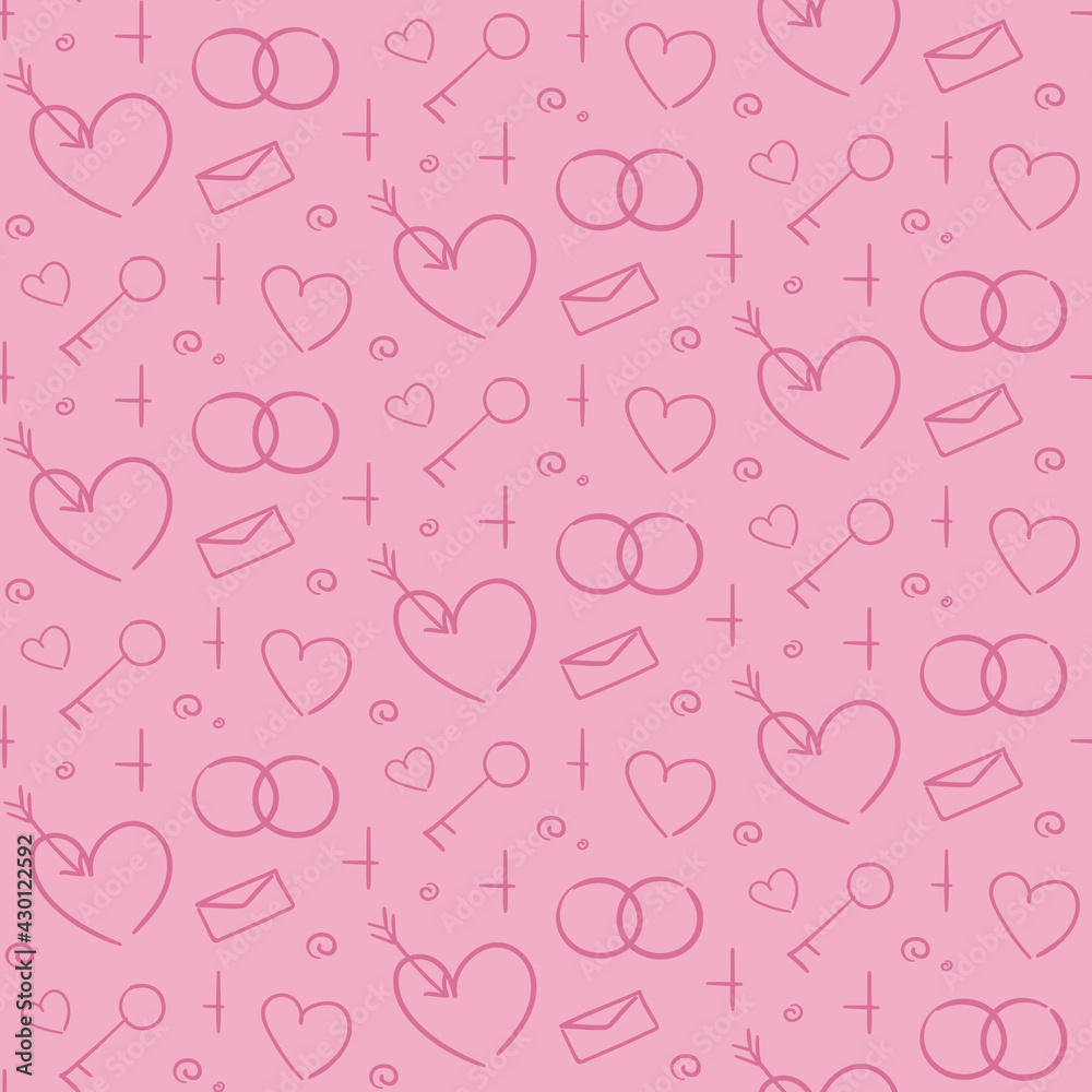 Seamless pattern with heart, key and rings. Texture with wedding symbols in doodle style.