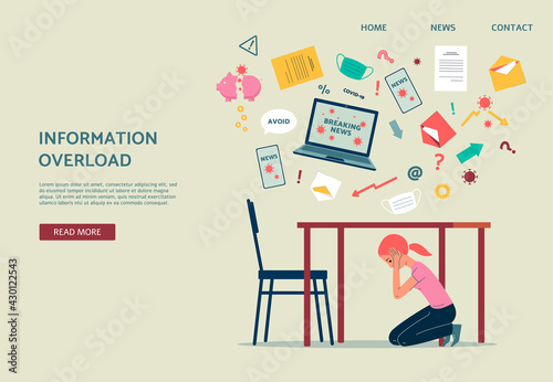 Coronavirus information overload banner, girl hiding under table