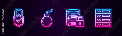 Set line Lock and check mark, Bomb ready to explode, Server security with lock and Server, Data, Web Hosting. Glowing neon icon. Vector