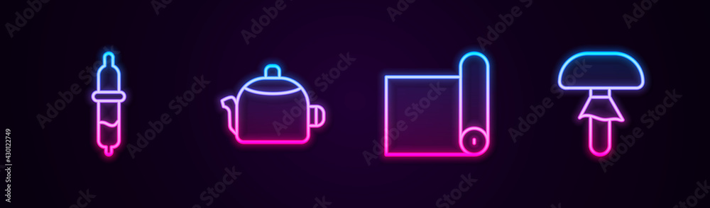 Set line Pipette, Kettle with handle, Fitness mat roll and Mushroom. Glowing neon icon. Vector Set line Pipette, Kettle with handle, Fitness mat roll and Mushroom. Glowing neon icon. Vector