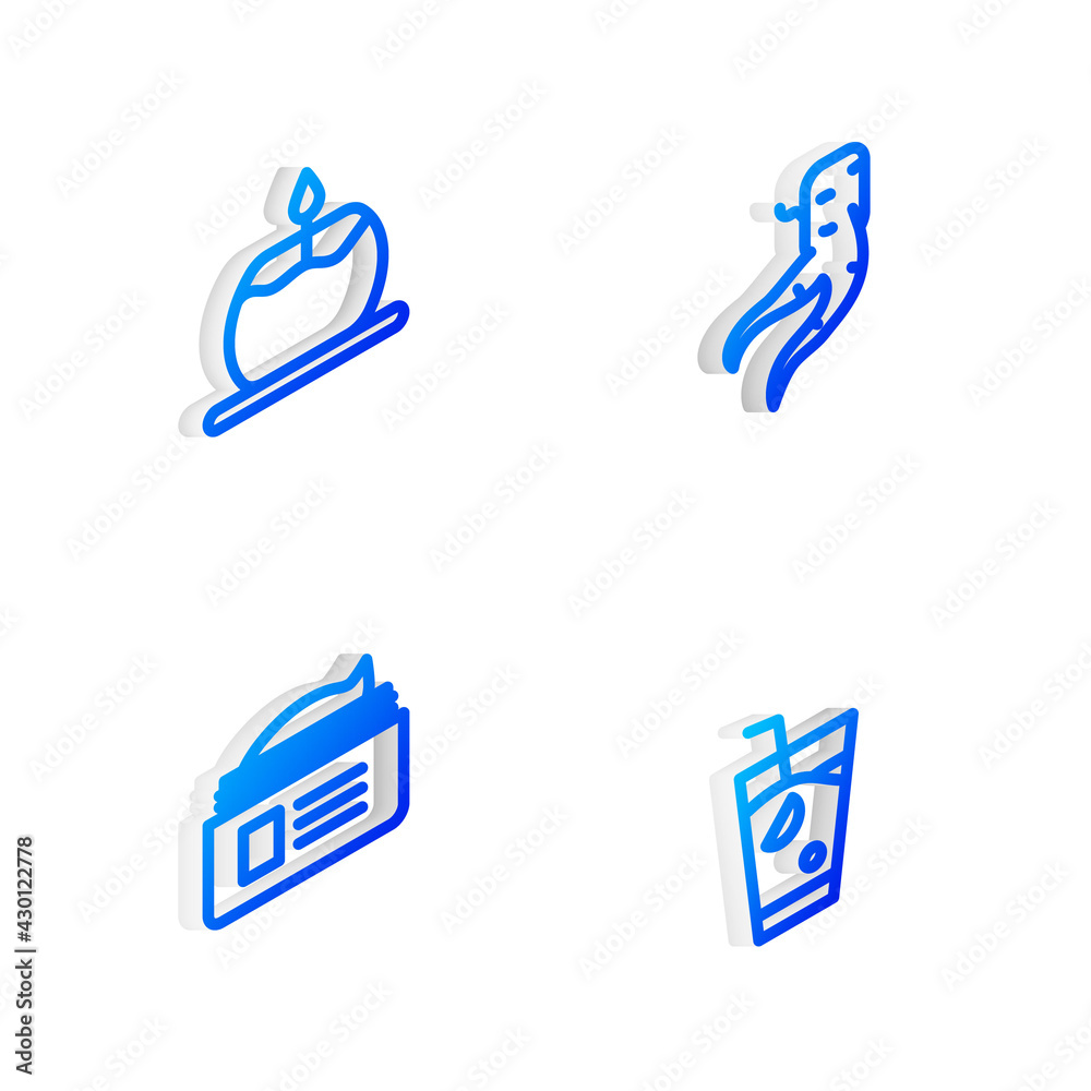 Set Isometric line Ginger root, Aroma candle, Ointment cream tube and Fresh smoothie icon. Vector Set Isometric line Ginger root, Aroma candle, Ointment cream tube and Fresh smoothie icon. Vector