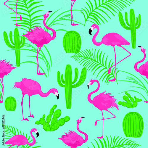Pink birds flamingos with different cacti and exotic foliage isolated on blue background. Seamless pattern.