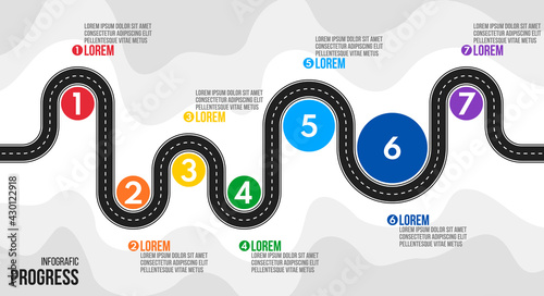 7 steps process progress or timeline, road infografic vector template