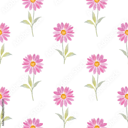 Fototapeta Naklejka Na Ścianę i Meble -  Minimal floral seamless pattern. Pink watercolor flowers isolated on a white background. Cute fabric design. Romantic wrapping paper print. Simple summer wallpaper ornament