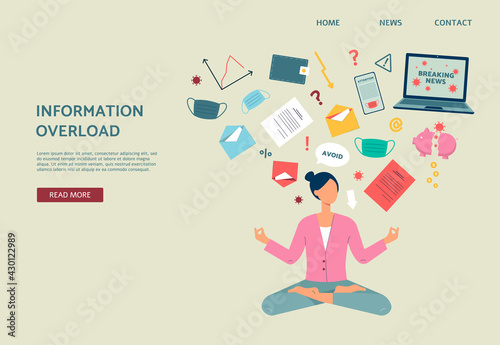 Woman overload of stressed information sitting in lotus pose stay calm