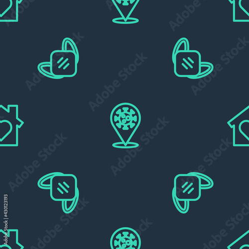 Set line Corona virus 2019-nCoV on location, Medical protective mask and House with heart inside on seamless pattern. Vector