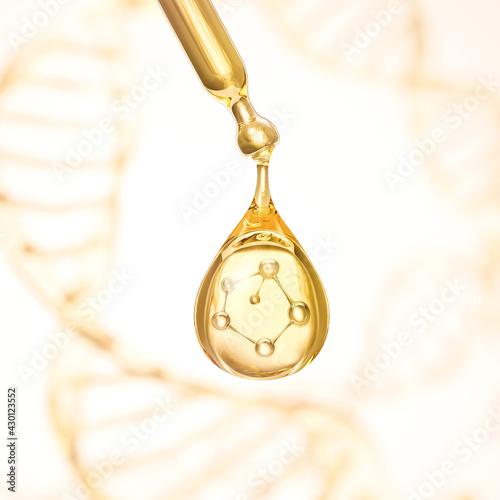 Cosmetic pipette with Cosmetic Essence oil Liquid drop with molecule on a white background, 3d rendering. photo