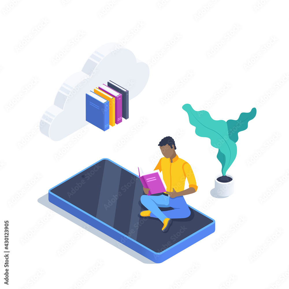 isometric vector illustration isolated on white background, man sitting with book on smartphone screen and cloud with books, library or reading online isometric vector illustration isolated on white background, man sitting with book on smartphone screen and cloud with books, library or reading online