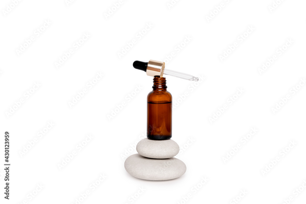 Amber glass bottles with pipette. Transparent hyaluronic gel and oil skin care concept. Top horizontal view copyspace Amber glass bottles with pipette. Transparent hyaluronic gel and oil skin care concept. Top horizontal view copyspace