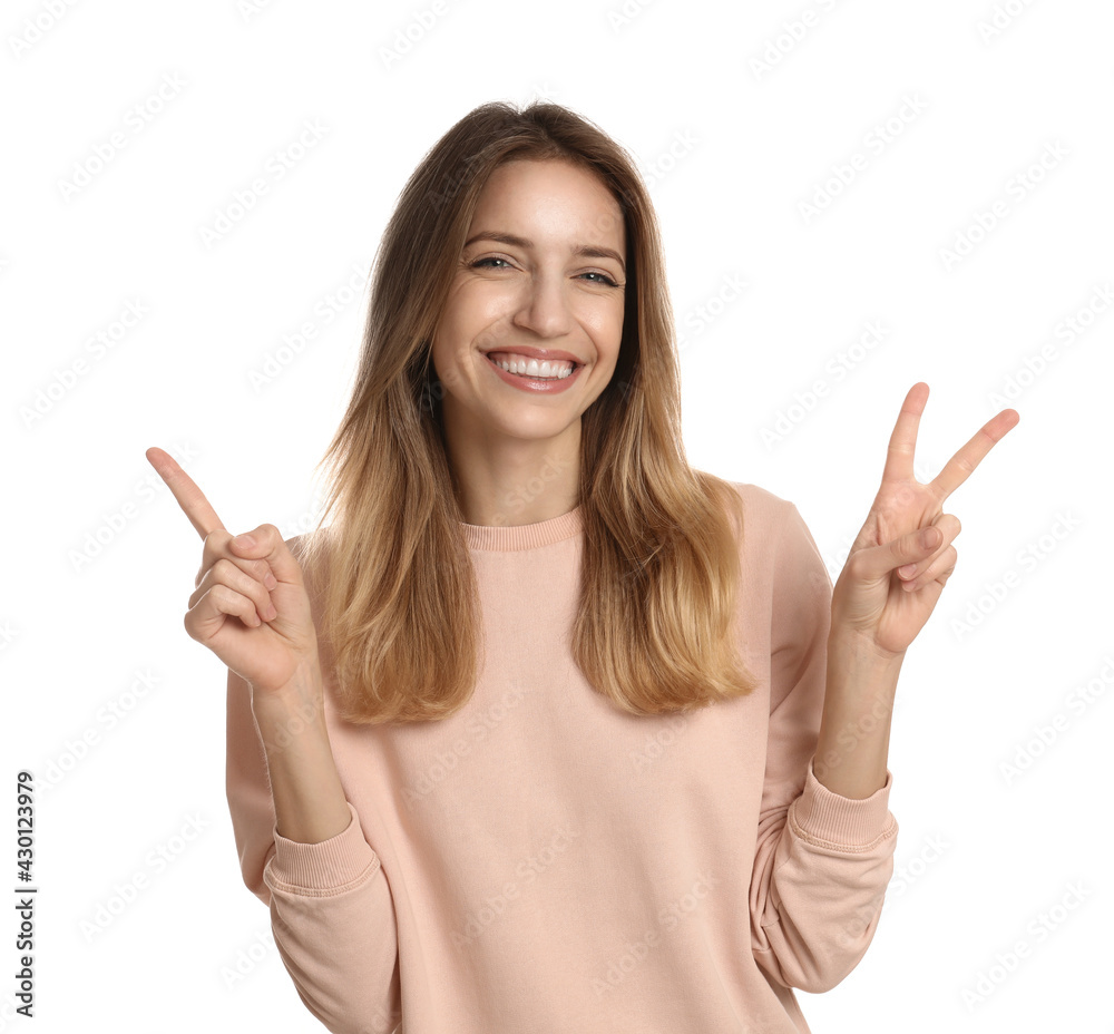 Woman showing number three with her hands on white background Woman showing number three with her hands on white background