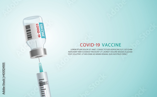 banner Coronavirus vaccine concept.A medical needle syringe injection into a Covid-19 virus vaccination vial bottle. for covid19 immunization treatment. illustration vector. Medical heath care concept