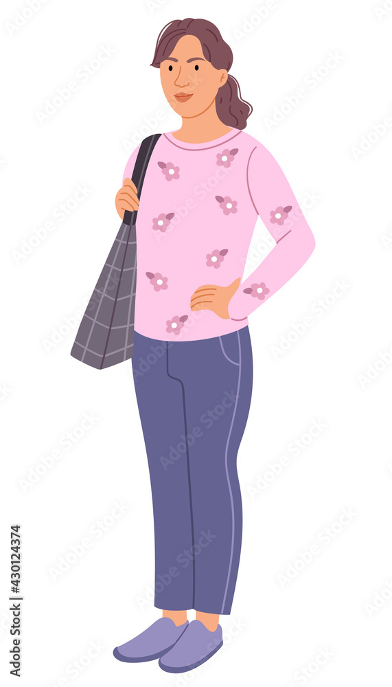 Stylish little girl in a pink sweater.Adult girl goes shopping with eco bag.Simple Hand drawn illustration. Stylish little girl in a pink sweater.Adult girl goes shopping with eco bag.Simple Hand drawn illustration.
