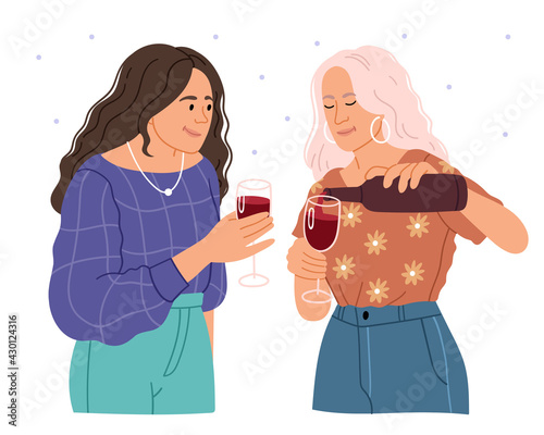 Happy women friends drink red wine.Simple Hand drawn illustration.